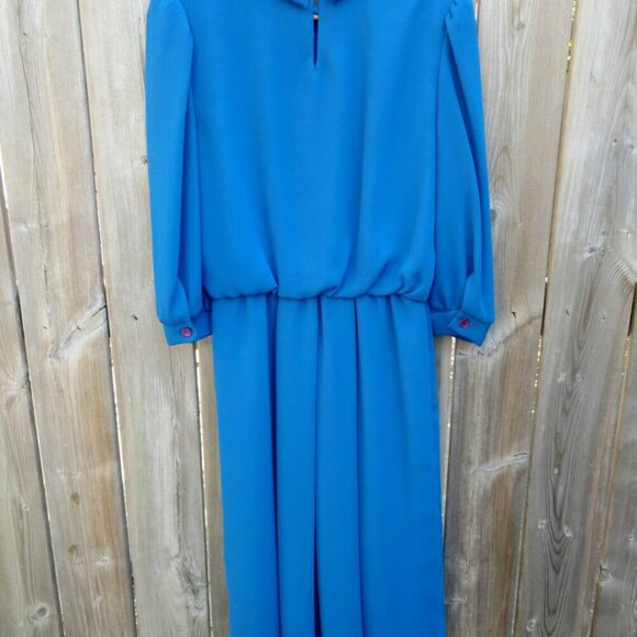 Vintage Blue Dress with Pearly Beaded Bodice and Long Sleeves 40" Bust - Picture 5 of 8